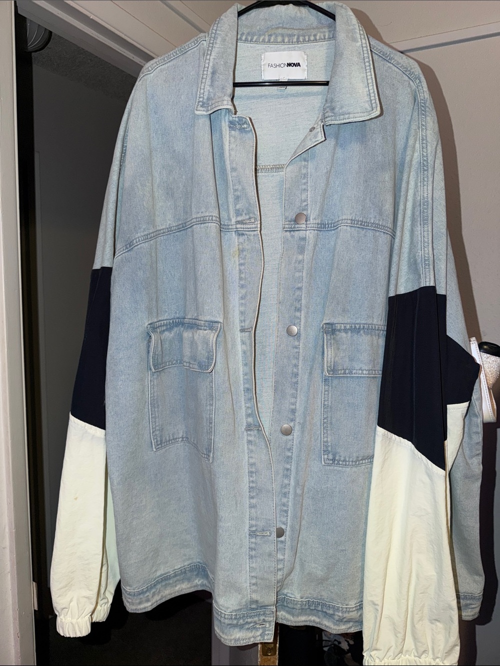 Fashion Nova Light Wash Denim Jacket with Navy and Cream Sleeves